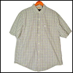 Timberland Plaid White Green Button Down shirt size L Large‎ Short Sleeve